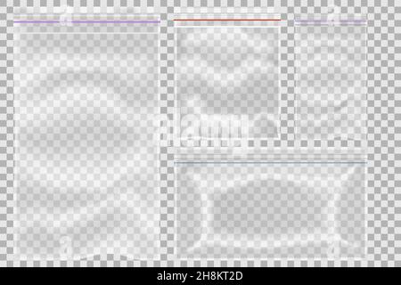 Vektor-Set von versiegelten leeren transparenten Kunststoff Reißverschluss-Tasche Stock Vektor