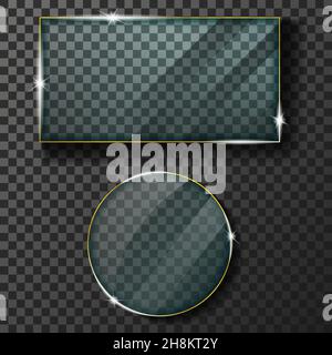 Rahmen mit Lichteffekten. Glas runde und rechteckige Platten realistisch, Symbol isoliert auf schwarzem transparenten Hintergrund. Vektor Stock Vektor