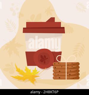 Schokoladenkekse und Kaffee in der Tasse. Draufsicht. Flache Stilelemente in flachem Design Stock Vektor