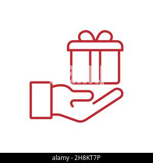 Geschenk in einer roten Box in der Hand. Geschenk-Box in der Hand Vektor einfache lineare Symbol, Illustration in Cartoon einfachen flachen Stil. Stock Vektor