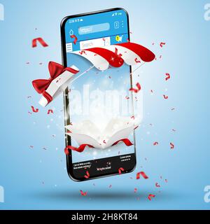 Online-Shopping-Banner mit einem großen Smartphone mit Geschenkboxen Stock Vektor