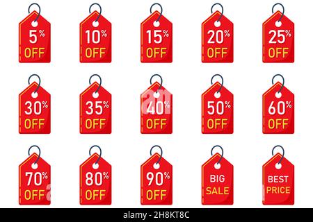 Verkauf Tags Set Vektor Abzeichen Vorlage, 5, 10 aus, 15 , 20, 25, 30, 35, 40, 50, 60, 70 Prozent Verkauf Label Symbole, Rabatt-Promotion flache Symbol Stock Vektor