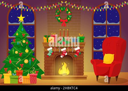 Weihnachtliche Innenausstattung des Wohnzimmers mit Weihnachtsbaum, Geschenken und Kamin. Vektorgrafik in einem flachen Stil Stock Vektor