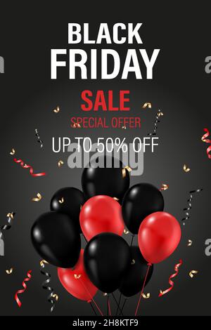Black friday Verkauf Hintergrund mit Ballons und Serpentine. Modernes Design.Universeller Vektor-Hintergrund für Poster, Banner, Flyer, Karte. Stock Vektor