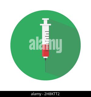 Vektor-Symbol für medizinische Spritzen auf runder Plakette mit langem Schatten Stock Vektor