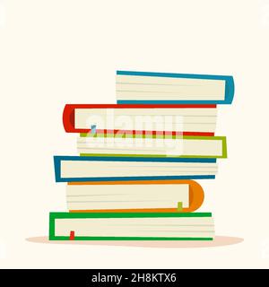 Stapel von Büchern in einem flachen Stil, isoliert auf einem weißen Hintergrund. Stapel von Büchern mit Lesezeichen. Konzept des Lernens. Vektorgrafik. Stock Vektor
