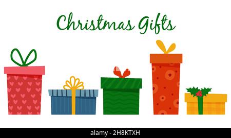 Weihnachts-Geschenkboxen Set . Flaches Design isoliert auf weißem Hintergrund Stock Vektor