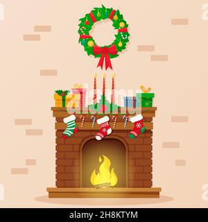 Weihnachtskamin mit Geschenken, Socken und Kerzen. Flache Vektorgrafik im Cartoon-Stil. Stock Vektor