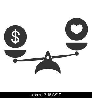 Symbol „Skalierung“. Herz und Geld auf der Waage. vektor Stock Vektor