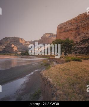 Blick auf den Steamboat Rock im Echo Park Campground, Dinosaur Nation Monument, Utah und Colorado, USA Stockfoto