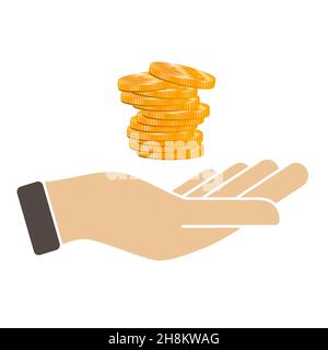 Goldmünze auf der Hand, Handfläche des Geschäftsmannes. Investieren Wachstum, Finanzplan, persönliches Management Stock Vektor