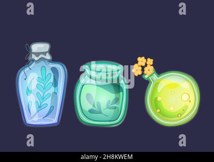 Set aus verschiedenen glühenden Zaubertränke und Gegengifte auf dunklem Hintergrund. Alchemie und Trank machen. Hexentinkturen. Vektor Hand gezeichnete flache Flaschen an Stock Vektor