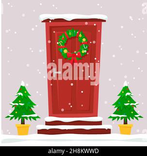 Rote Tür mit einem Weihnachtskranz, Laternen und Tannen an den Seiten. Vektorgrafik für eine Postkarte oder ein Poster. Neujahr und Weihnachten. Stock Vektor