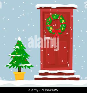 Weihnachtliche rote Tür mit Kranz, Schnee und Tanne. Vektorgrafik im flachen Stil. Stock Vektor