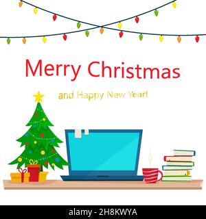 Weihnachtsarbeitsplatz. Tisch mit Computer, Geschenken, weihnachtsbaum, Büchern und einer Tasse heißen Kaffee oder Tee. Freiberufler-Arbeitsbereich. Flacher Cartoon-Stil Stock Vektor