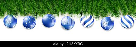 Festliche Weihnachten oder Neujahr Hintergrund. Weihnachtsbaum Zweige und Weihnachten goldene Kugel. Vektorgrafik. Stock Vektor