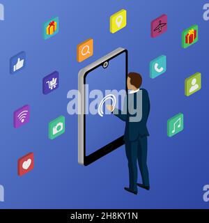 Shopping-App auf dem Smartphone-Bildschirm. Mobile Shopping. Smartphone mit der Hand, Touchscreen mit dem Finger. Modernes Konzept für Webbanner, Websites, Infografen Stock Vektor
