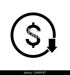 Symbol für Kostensenkung. Dollar fallendes Zeichen Vektor-Symbol-Bild auf weißem Hintergrund isoliert Stock Vektor