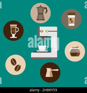 Flache Symbole mit Mühle, Topf, Zucker, Bohnen, Tassen und Kaffeemaschine rund um die Kaffeemaschine Stock Vektor