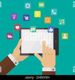 Tablet-pc mit Symbolen für soziale Medien und Handcursor Stock Vektor