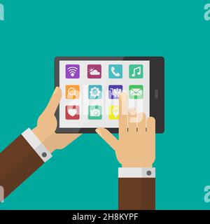 Tablet-pc mit Symbolen für soziale Medien und Handcursor Stock Vektor