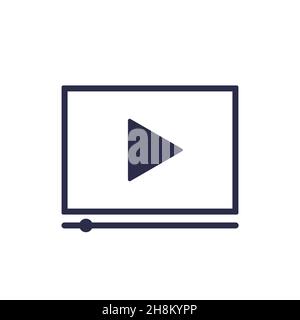 Line Online-Video-Symbol auf weißem Hintergrund isoliert abspielen. Computermonitor und Filmstreifen mit Spielschild. Stock Vektor