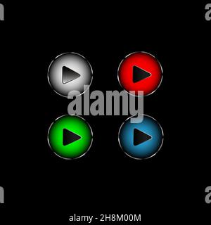 Lautstärketasten, Spielschilder, bunt. Schwarze Hintergrundfarbe. Stock Vektor