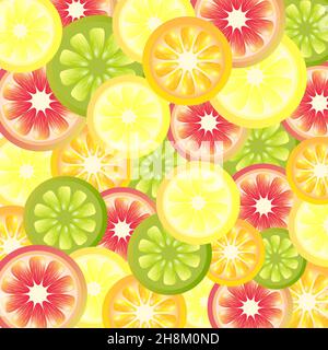 Abstrakte Farbzeichnungen. Scheiben aus Zitrone, Orange, Kiwi, Limette, nahtloses Muster. Stock Vektor