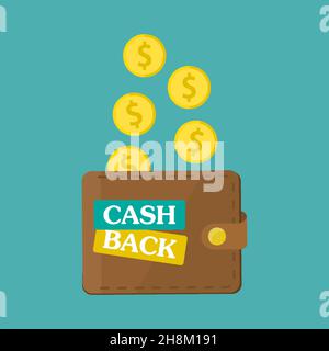 Geld zurück in der Brieftasche. Cashback-Symbol mit Münzen. Konzept zur Einsparung von Finanzmitteln. Flacher Vektor Stock Vektor