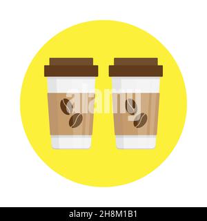 Symbol von zwei Einweg-Kaffeetassen mit Deckel und Kaffeebohnen Bild Stock Vektor
