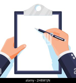 Zwischenablage mit leerem Papierblatt und Stift in der Hand Stock Vektor