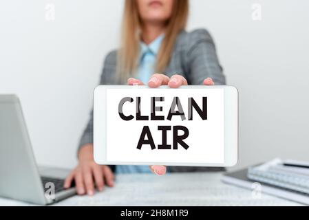Handschrift Text Clean Air. Business Showcase Luft, die keine schädlichen Mengen an Schmutz und Chemikalien in IT-Finanzberater geben Geld sparen Tipps Stockfoto