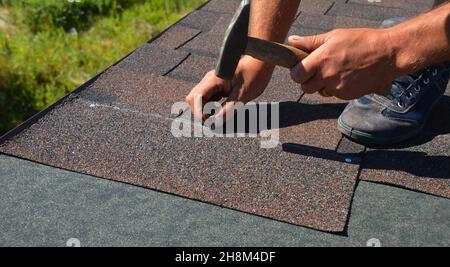 Nahaufnahme der Asphaltschindeln an der Dachkante. Ein Dachdecker nagelt Asphalt Schindeln auf das Dach Deck mit Dach Unterlage bedeckt. Stockfoto