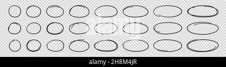 Handgezeichnete Ovale und Kreise gesetzt. Ovale in verschiedenen Breiten. Markieren Sie Kreisrahmen. Ellipsen im Doodle-Stil. Satz von Vektorgrafik isoliert auf Stock Vektor