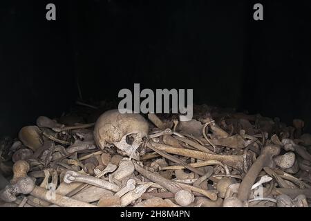 Blick in eine der Kammern des Beinhaus Doaumont in der Nähe von Verdun, Frankreich. Das Denkmal ist das letzte Haus für nicht identifizierte Überreste gefallener Soldaten. Stockfoto