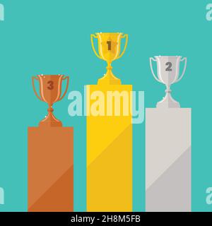 Infografik zur Platzierung von Gold-Silber- und Bronze-Championcups. Vektorgrafik im flachen Stil Stock Vektor