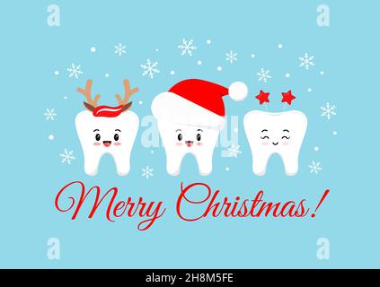 Weihnachtszähne mit Weihnachtszubehör auf Zahnarztgrußkarte. Stock Vektor
