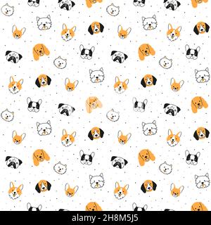Nahtloses Muster mit Köpfen von verschiedenen Rassen Hunde. Corgi, Pug, Chihuahua, Terrier, Husky, Pommern. Stock Vektor