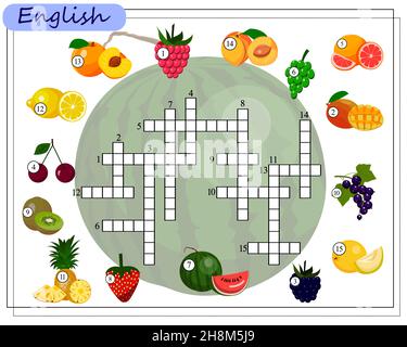 Kreuzworträtsel, ein Lernspiel für Kinder über Früchte und Beeren. vektor isoliert auf weißem Hintergrund Stock Vektor