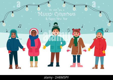 Kinder singen Weihnachtslieder. Frohe Weihnachten und Glückwünsche zum neuen Jahr – Grußkarte oder Banner. Vektorgrafik im flachen Stil Stock Vektor