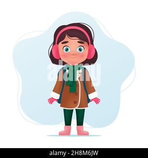 Schulmädchen Charakter in warmen Winter oder Herbst Kleidung mit Rucksack. Nettes Kind, zurück zur Schule Konzept. Cartoon-Vektorgrafik Stock Vektor