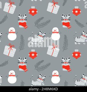 Weihnachtliches nahtloses Muster mit niedlichem Tiger, Schneemann, Tannenzweig, Geschenk und Weihnachtsspielzeug. Vektor-Illustration in handgezeichneter skandinavischer Kinderart Stock Vektor