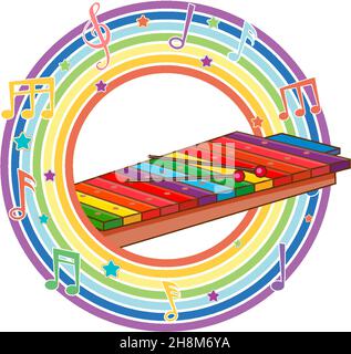 Xylophon im Regenbogen-Rundrahmen mit Melodie-Symbolen Illustration Stock Vektor