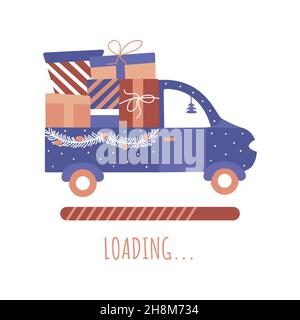 Festlicher LKW mit Geschenken für Weihnachten und Neujahr. Download-Leiste. Text wird geladen. Lieferwagen des Urlaubs. Bunte Vektorgrafik handgezeichnete Isol Stock Vektor