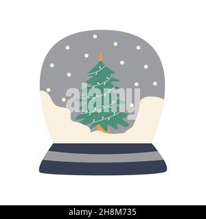 Glaskugel mit Weihnachtsbaum mit Girlande. Urlaubskarte. Farbenfrohe, handgezeichnete Vektorgrafik isoliert. Frohe Weihnachten und Frohes neues Jahr. Festi Stock Vektor