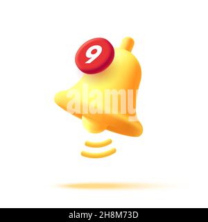 3D Symbol Render Stil der Glocke mit Benachrichtigung rote Blase mit Nummer, isoliert Stock Vektor