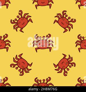 Nahtloses Muster Süße fröhliche Krabbe. Farbenfrohe Vektorgrafik von Hand auf einem gelben Hintergrunddruck oder einer Karte gezeichnet. Verpackung oder Stoff, Papier oder Textil Stock Vektor