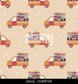 Nahtloses Muster festlicher LKW mit Geschenken für Weihnachten und Neujahr. Schneit. Lieferung von Geschenken. Motiv für Urlaubswagen. Bunte Vektor Illustration Hand Stock Vektor