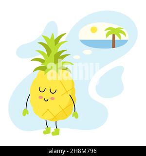 Süßes Ananas-Wesen erinnert sich oder träumt von einem Sommerurlaub auf See. Lustige Winter Maskottchen. Kawaii-Früchte. Helle Cliparts für Weihnachten und Neujahr Stock Vektor