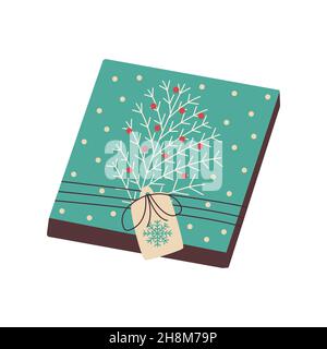 Geschenkschachtel mit einem Faden mit einem weißen schneebedeckten Zweig und roten Beeren gebunden. Abzeichen mit Schneeflocke. Bunte Vektor-Illustration von Hand gezeichnet isoliert. Stock Vektor
